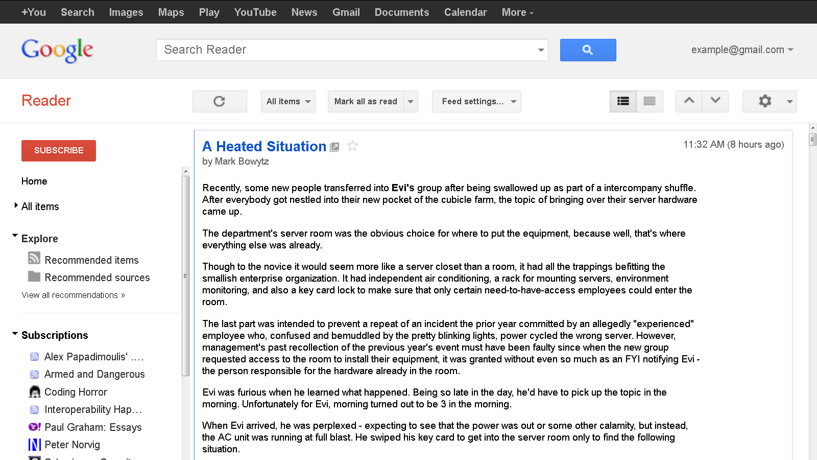 Google Reader default user interface